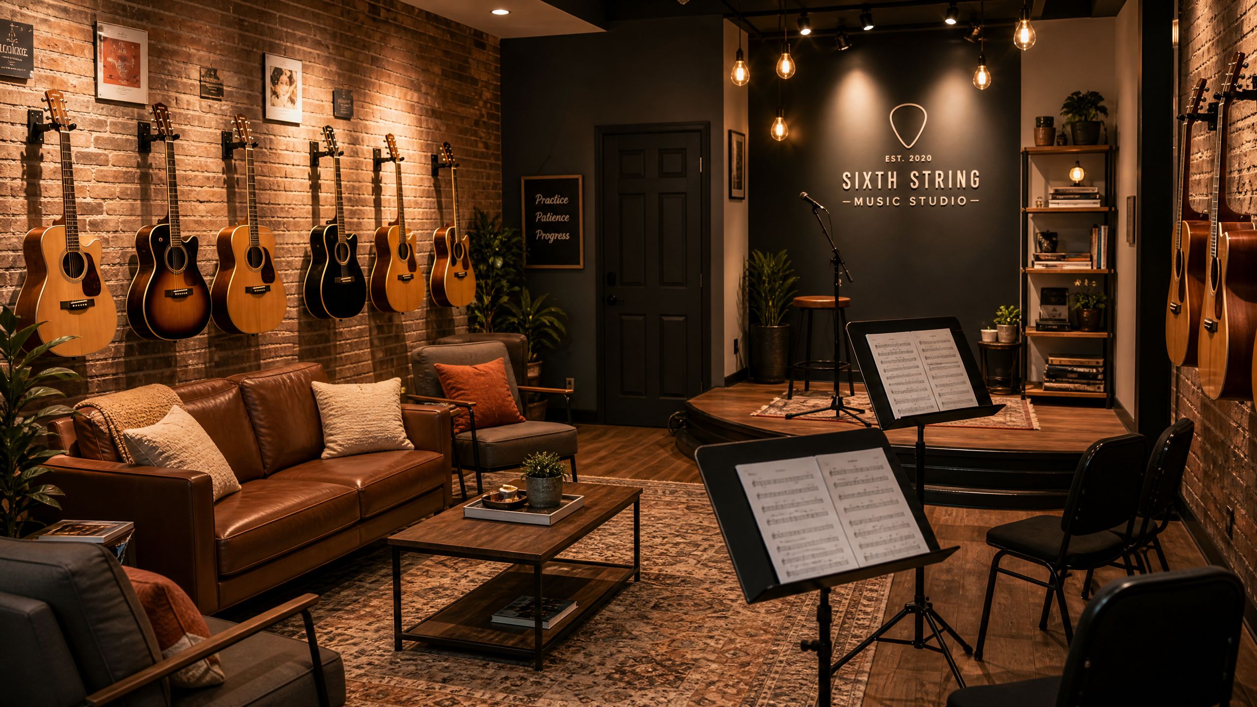 Estúdio de aula de violão em São Paulo com guitarras na parede