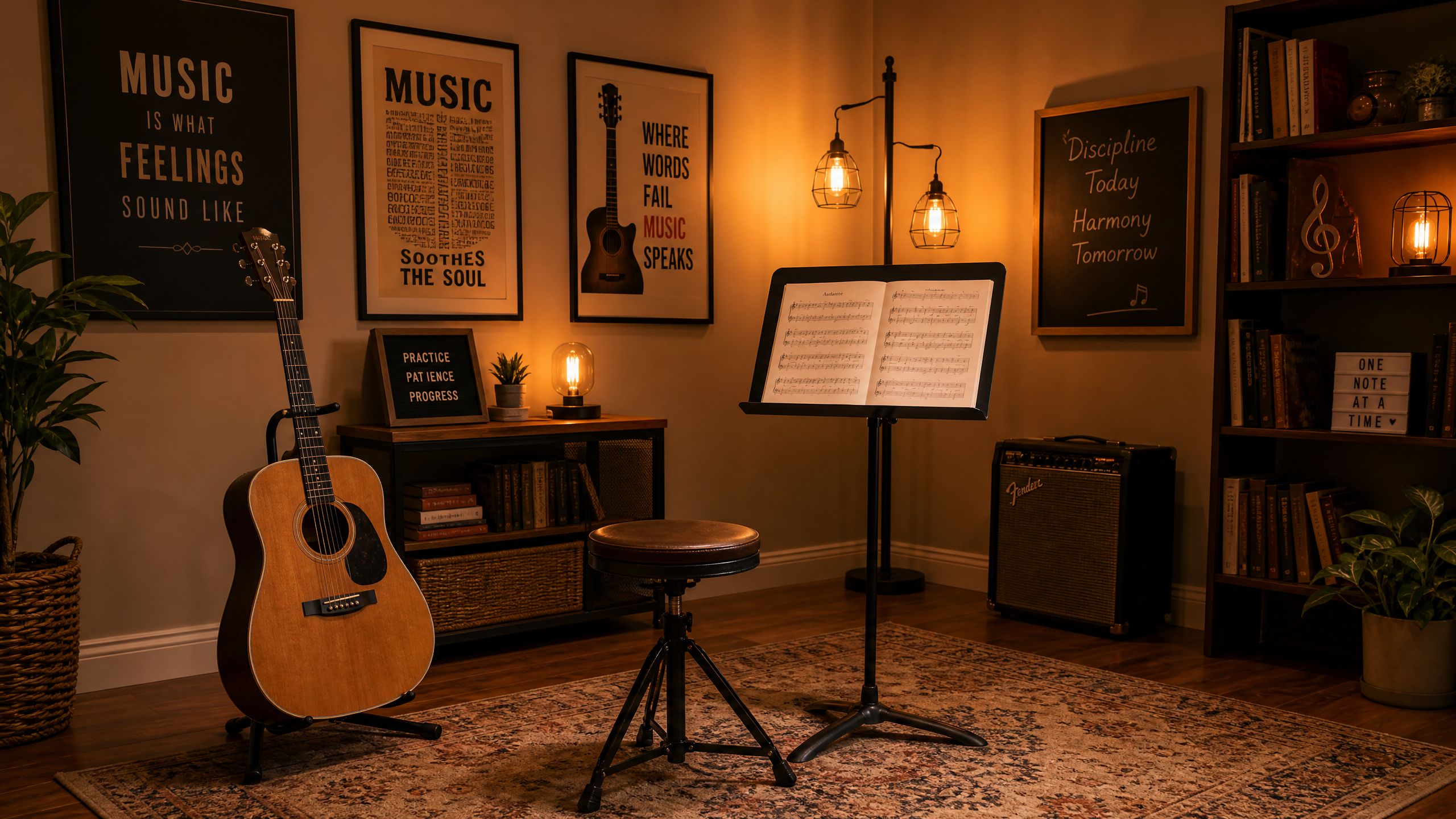 Sala de estudo de teoria musical com partituras e violão