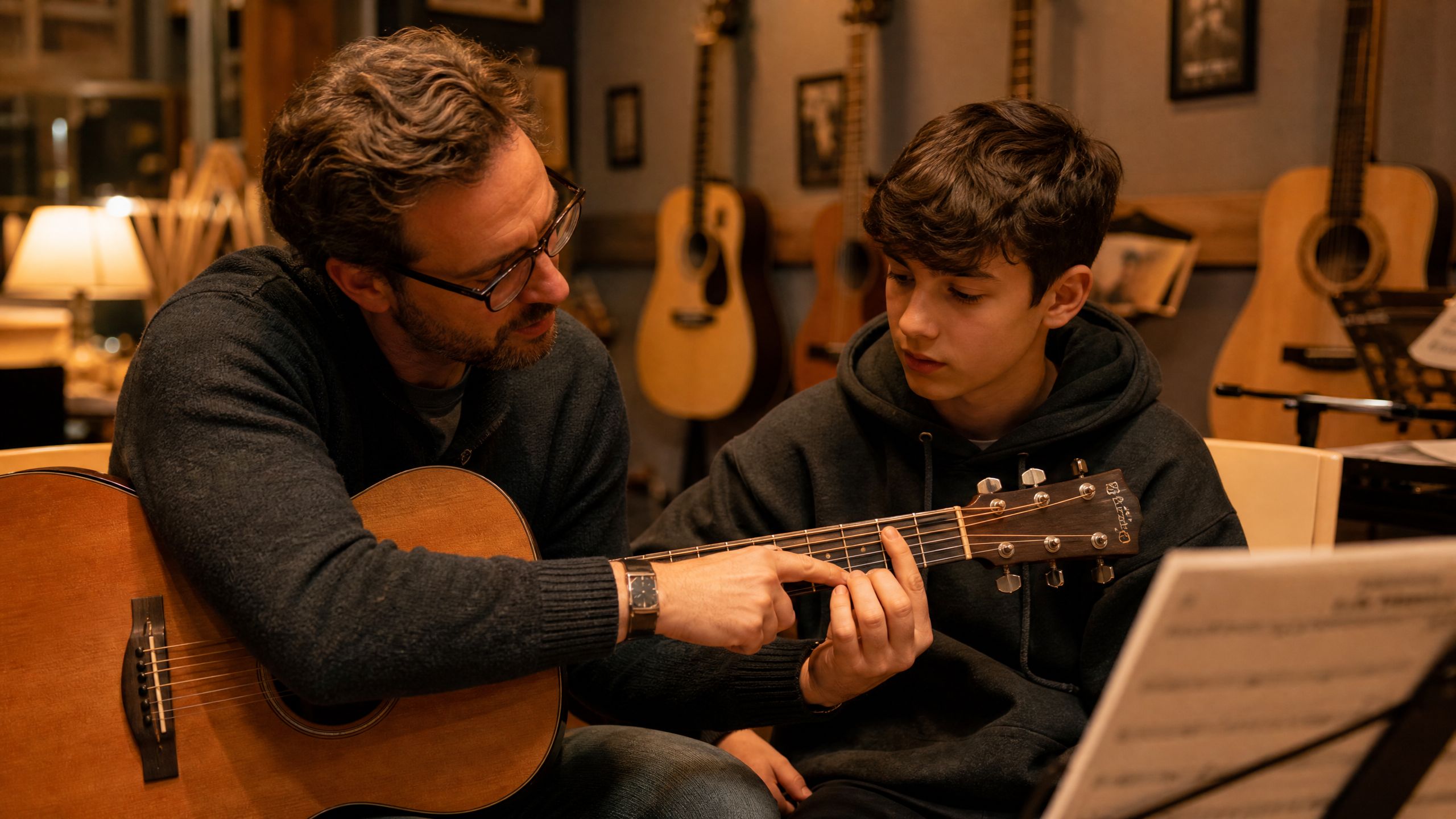 Aula de violão — Professor ensinando aluno
