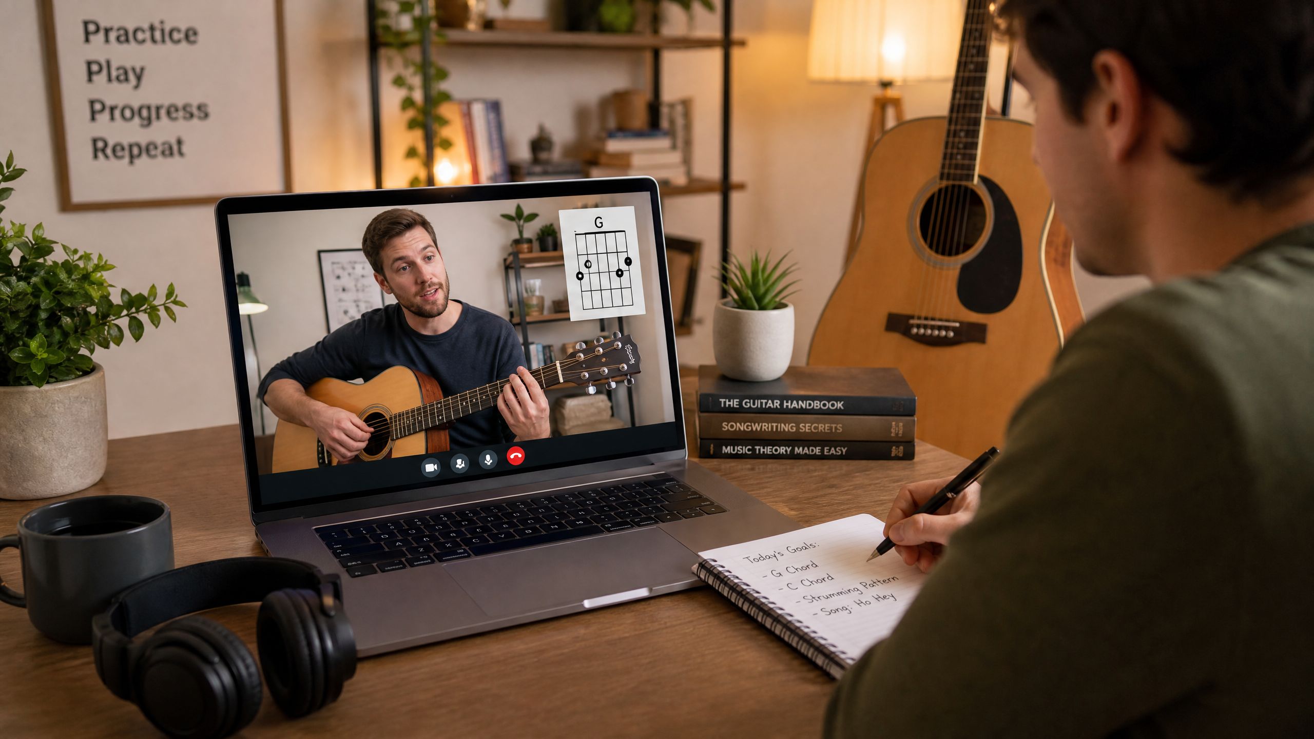 Aula de violão online — Aluno aprendendo via videoconferência